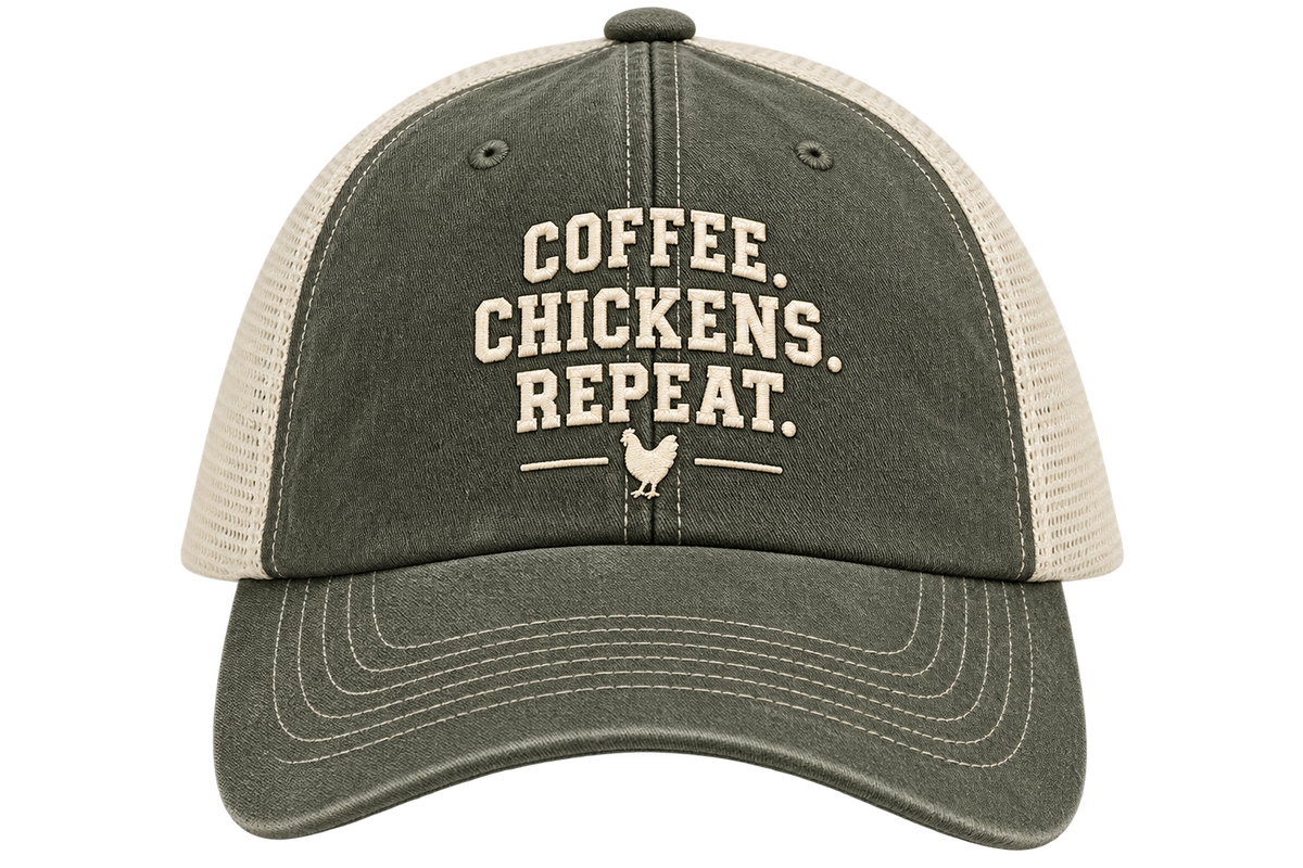 Coffee. Chickens. Repeat. Vintage Trucker Hat